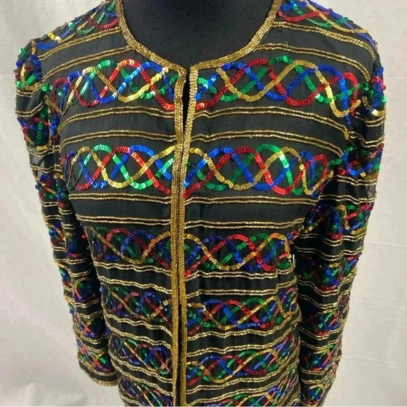 Laurence Kazar Silk Jacket Vintage 90s Party Sequin Petite Small - Picture 2 of 7